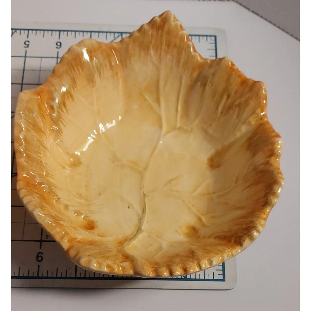Set Of 2 Vtg Ceramic Leaf Bowl Candy Dish Portugal Yellow 2